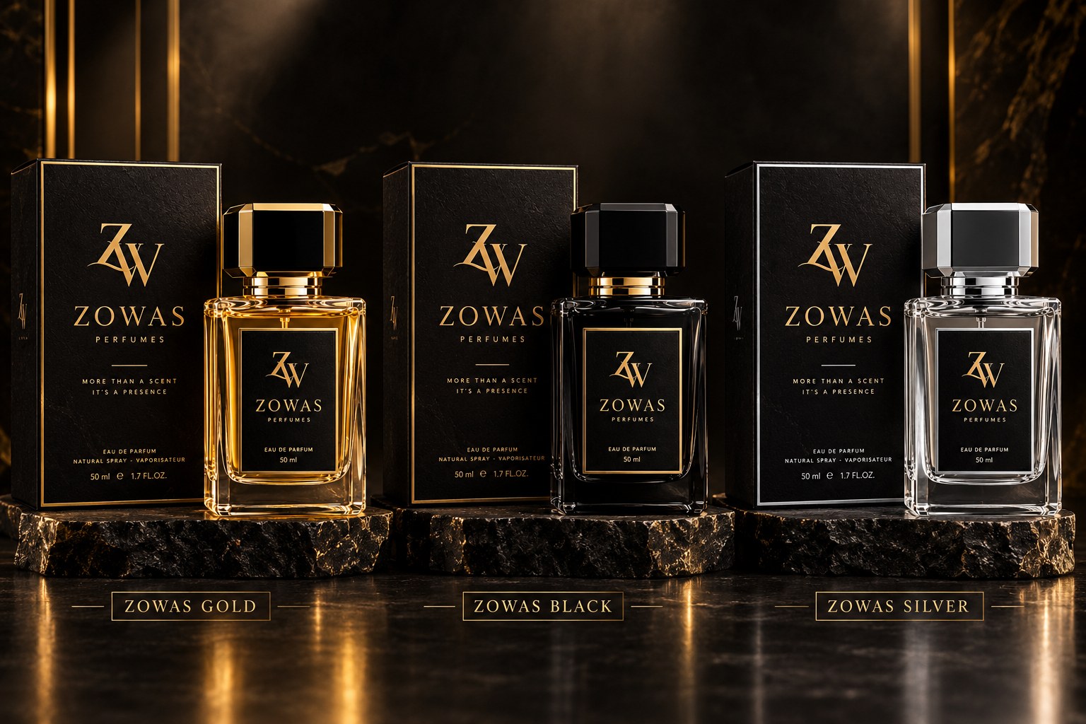 ZOWAS Perfumes luxury black and gold perfume bottle and box